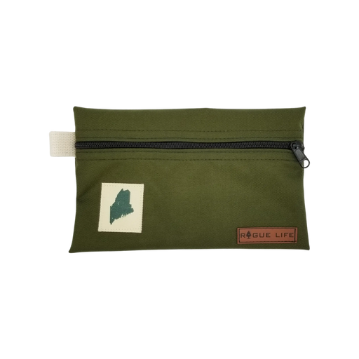 ME State Large Zipper Pouch /w Leather Patch ROGUE LIFE MAINE  Color-Moss-Green