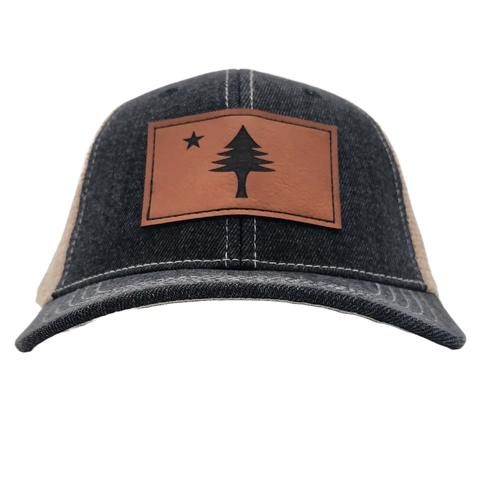 MAINE Flag Leather Denim Trucker Hat SHOP ROGUE WEAR Hats Black