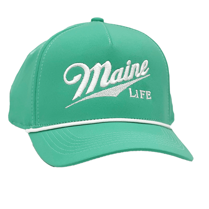 Performance 5-Panel Cap with visor cord in mint color and MAINE LiFE Embroidered lettering