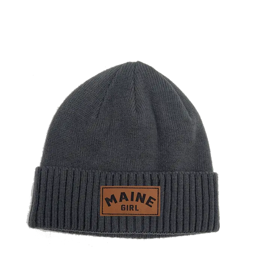 Maine Girl Leather Patch Rib Knit Beanie SHOP ROGUE WEAR Hats Grey