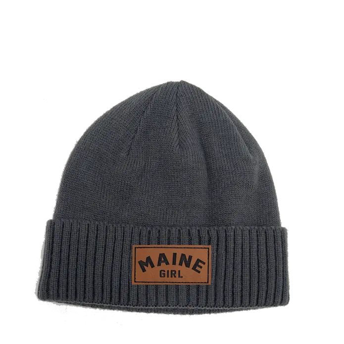 Maine Girl Leather Patch Rib Knit Beanie SHOP ROGUE WEAR Hats Grey