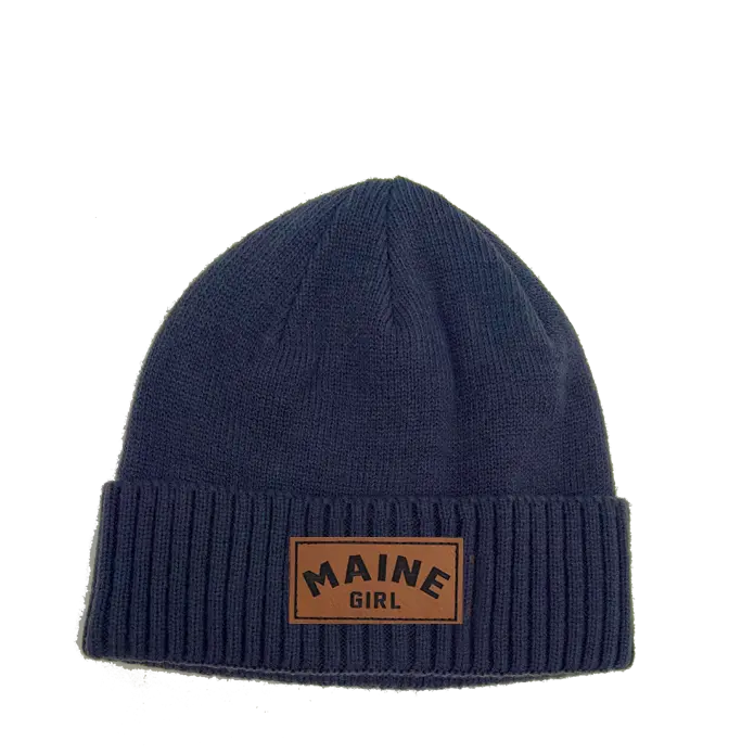 Maine Girl Leather Patch Rib Knit Beanie SHOP ROGUE WEAR Hats Color-Navy