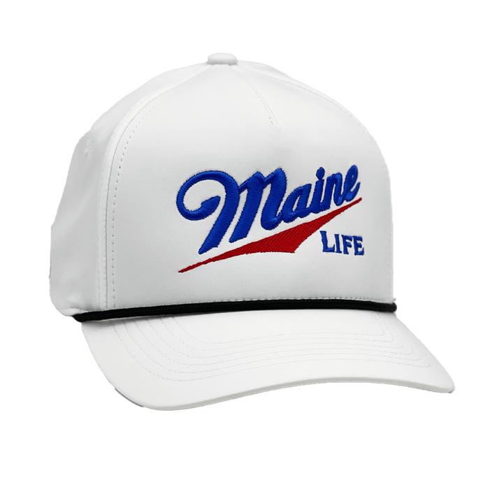 Performance 5-Panel Cap with visor cord in white color and MAINE LiFE Embroidered lettering