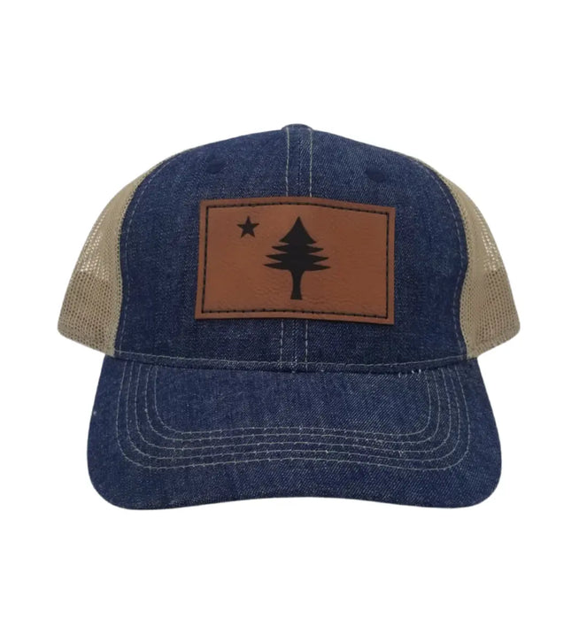 MAINE Flag Leather Denim Trucker Hat SHOP ROGUE WEAR Hats Color-Navy